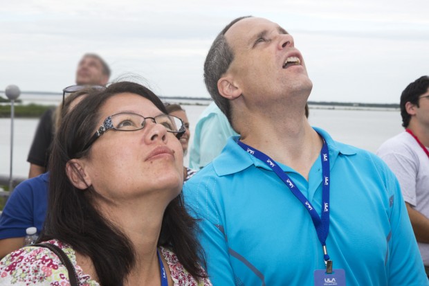 Lockheed Martin-NSTA Teacher Fellows Mary Maddox and Steve Kirsche watch the MUOS-2 satellite launch.