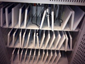 To meet requirements for online testing and digital instruction, schools are considering laptop carts like this for classrooms.