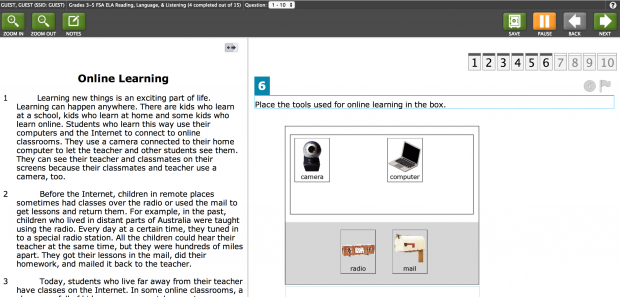 To answer this reading comprehension question, students must drag and drop pictures.