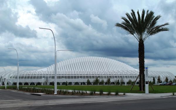 The distinctive facade of the main building on Florida Polytechnic's campus. 