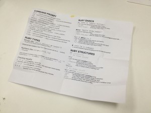 a quick-reference sheet for the programming language, Ruby, which students learned at the CodeNow camp in Miami.