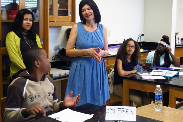 Lily Eskelsen Garcia asks students what they want from the president on a visit to Allapattah Middle School last week.