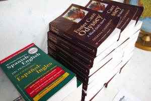 A stack of books in Veldreana Oliver's classroom.