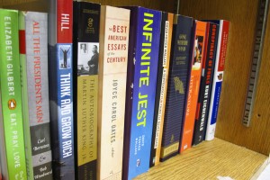 Some of the books in Daniel Dickey's library. No student has tackled "Infinite Jest" yet, considered one of the longest and most complicated American novels.