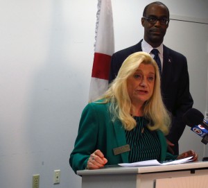Broward Teachers Union president Sharon Glickman, with Broward County schools superintendent Robert Runcie, calling for changes to the teacher evaluation system in October.