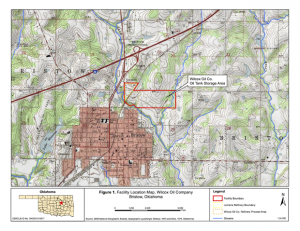 A map from the EPA shows the location of the 125-acre Wilcox Oil Company Superfund site near Bristow, Okla.
