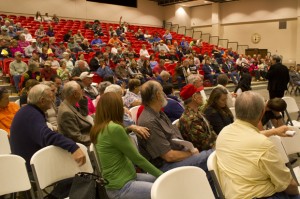 Texoma area residents ask questions during a community meeting at Kingston High School March 15.