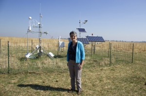 Jean Steiner, director of the U.S. Department of Agriculture's Grazinglands Research Laboratory in El Reno, Okla., stands in front of a sensor array.