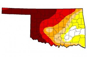 From the latest update of the U.S. Drought Monitor, showing most of western Oklahoma in extreme or exceptional drought, the worst categories. 