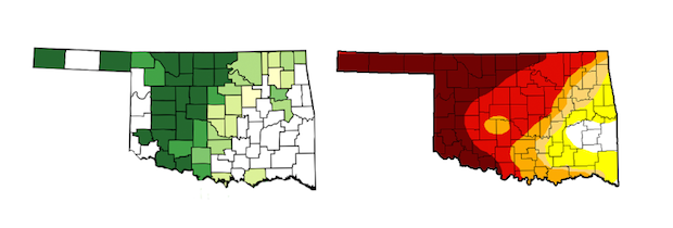 In Oklahoma, drought and wheat production coexist. The map on the left shows the concentration of winter wheat planted per acre in 2013. The map on the right shows drought intensity on May 20, 2014.