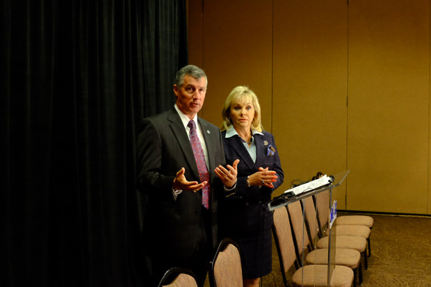 Gov. Mary Fallin and Michael Teague, Secretary of Energy and Environment, talk to reporters at the Governor's Energy Conference in 2014.
