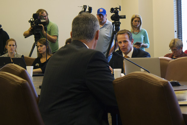 Rep. Cory Williams, D-Stillwater, questions Secretary of Energy and Environment Michael Teague at an interim study and hearing about earthquakes and disposal well oversight held in October 2014. 