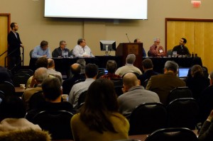 A panel of state geological surveys and oil and gas regulators at the National Seismic Hazard Workshop on Induced Seismicity, held in November at a conference center in Midwest City, Okla.