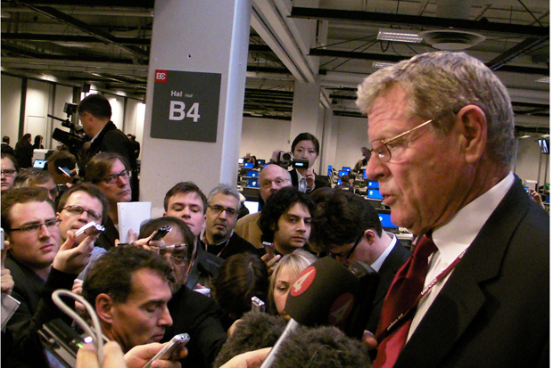Oklahoma U.S. Senator James Inhofe at an impromptu news conference during climate talks in Copenhagen in 2009. 