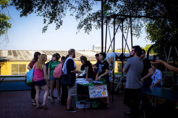 A Frack Free Denton booth at the University of North Texas. On Nov. 4, voters approved a citywide ban on hydraulic fracturing.