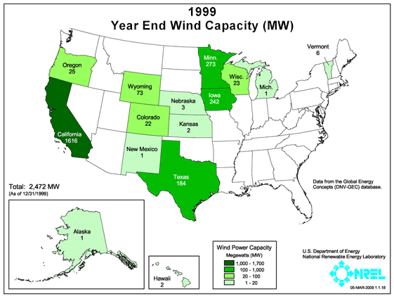 An animation from the National Renwable Energy Laboratory shows the progress of installed wind capacity in the U.S. between 1999 and 2013.