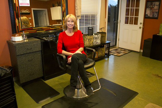Marla Stevens at her salon south of Stillwater, Okla.