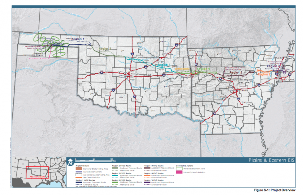 An overview of the proposed route for the Plains and Eastern Clean Line Project.