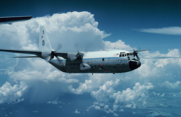 A Lockheed WC-130B used by U.S. government researchers Stormfury, a cloud seeding research project focused on reducing the strength of hurricanes.