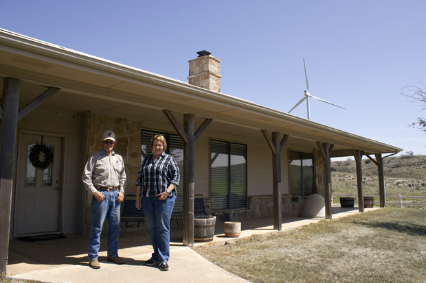 Bob and Becky Kerr are big proponents of wind turbines, which overlook their home in southwest Oklahoma. Money from turbine leases has provided a stable source of income, they say helps offset their volatile farming and cattle business.
