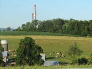 A natural gas drilling rig towers above a cow pasture in north central Pennsylvania.
