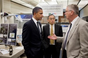 President Obama and former Energy Secretary Steven Chu tour a Penn State lab on February 3, 2011.