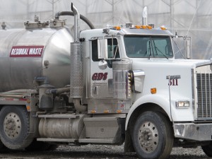 A truck delivers fracking wastewater to a Susquehanna County recycling center