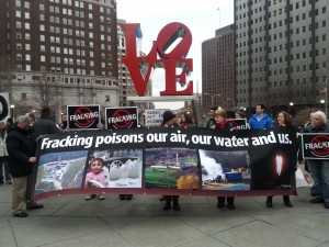 Fractivists demonstrate against natural gas drilling in Love Park, center city Philadelphia.