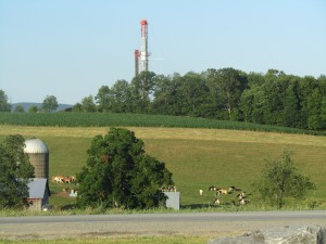 A drill rig rises above a farm in Northeastern Pennsylvania.