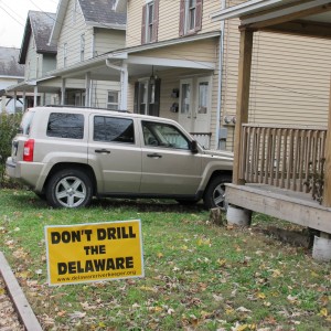 A lawn sign opposing gas drilling in the Delaware River Basin. Gas development along the Delaware River and its tributaries has become contentious.