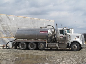 A truck delivers drilling waste water to a frack water recycling plant in Susquehanna County