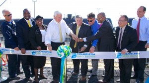 CEO of Philadelphia Energy Solutions Philip Rinaldi, Governor Tom Corbett, Mayor Michael Nutter, and important guest cut the ribbon on a new rail facility at the Philadelphia Energy Solutions refinery in South Philadelphia.