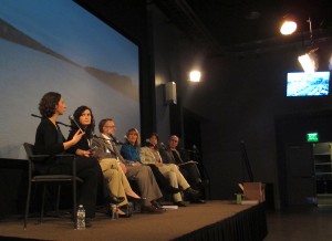 StateImpact Pennsylvania Reporters Katie Colaneri and Marie Cusick, left, lead a panel discussion on the health of the Delaware River watershed at WHYY in Philadelphia.