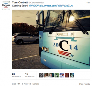 A screenshot of a Corbett campaign tweet showing the campaign bus which does not run on compressed natural gas.