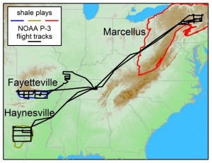 A NOAA research plane flew over the Marcellus, Haynesville and Fayetteville shale plays in June and July 2013 to measure methane emissions related to natural gas extraction.