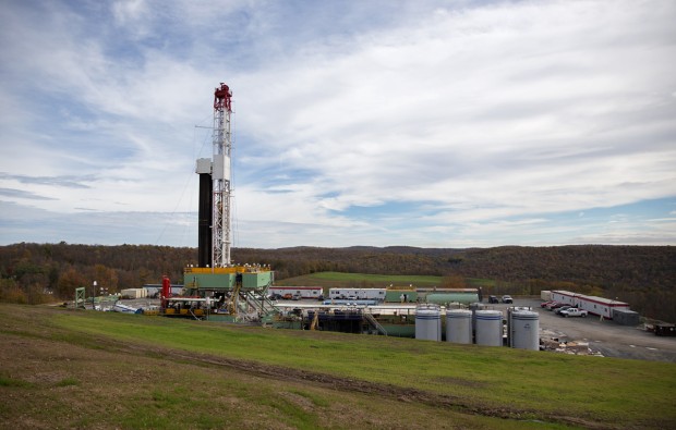 A Cabot Oil & Gas drill rig nestled into the landscape in Kingsley, Pa. The company has some of the most productive wells in the Marcellus shale.