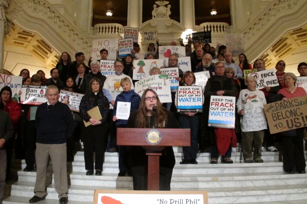 Environmental groups object to Governor Corbett's plan to expand leasing of state park and forest land for gas drilling.