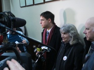 Anti-fracking activist Vera Scroggins, center, and her attorney Scott Michelman, left, speak to the media after a hearing in Montrose, Pa. Last fall, a judge signed off on an order barring Scroggins from more than 300 square miles of Susquehanna County or all the land owned or leased by Cabot Oil and Gas. 