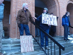Ed Smith, left, and Ken Brittingham, of Springville, Pa. stand on the steps of the Susquehanna County Courthouse in Montrose.