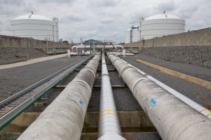 Pipes carrying liquefied natural gas circulate around the terminal into holding tanks.