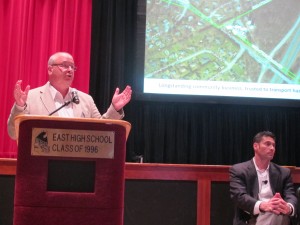 Charlie Stewart, left, director of pipeline operations for Sunoco Logistics, spoke to about 250 residents of West Goshen at a forum Tuesday night. 