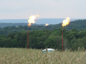 Marcellus Shale wells flare in Tioga County. When a test well is drilled and there are no pipelines to carry the gas, the gas is burned.