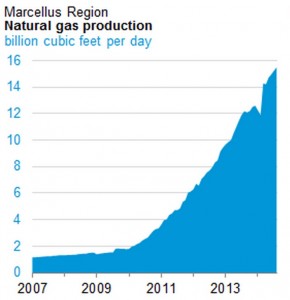 This graph shows the dramatic increase in Marcellus Shale gas production over the past seven years.