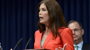 In this 2014 file photo, Attorney General Kathleen Kane speaks during a news conference at the Capitol in Harrisburg, Pa