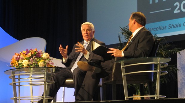 Governor Corbett speaking Thursday to Marcellus Shale Coalition President David Spigelmyer at the industry group's annual Shale Insight conference in Pittsburgh.