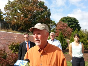 Owen Owens, a founder of the Valley Forge chapter of Trout Unlimited, speaks at a press conference announcing the group's intent to sue over sewage spills into Valley Creek.