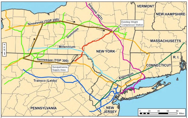 The dotted black circle shows the gas supply area in Susquehanna County. The red line is the path of the Constitution Pipeline.