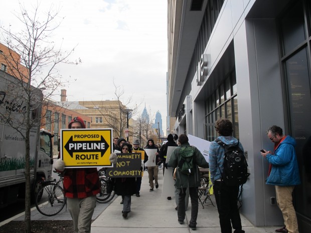 Dozens of protestors carried signs and chanted “no fracking hub” outside Drexel University’s Creese Student Center where business leaders met to discuss plans for expanding Philadelphia’s role in the Marcellus Shale natural gas boom.
