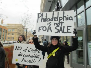 South Philadelphia resident Maria Kretschmann joined dozens of protestors outside Drexel University’s Creese Student Center where business leaders met to discuss plans for a regional “energy hub.” Kretschmann said she is concerned about the impact of burning fossil fuels on public health and a warming planet.