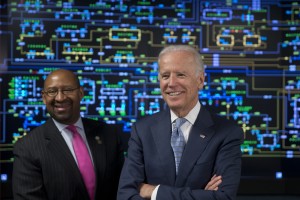 Vice President Joe Biden, right, accompanied by Mayor Michael Nutter tours the headquarters of PECO energy company in Philadelphia, Tuesday, April 21, 2015. The White House has released a four-year energy plan, Quadrennial Energy Review, designed to fight climate change, modernize power plants and find other ways to ensure the nation a steady supply of safe energy. 